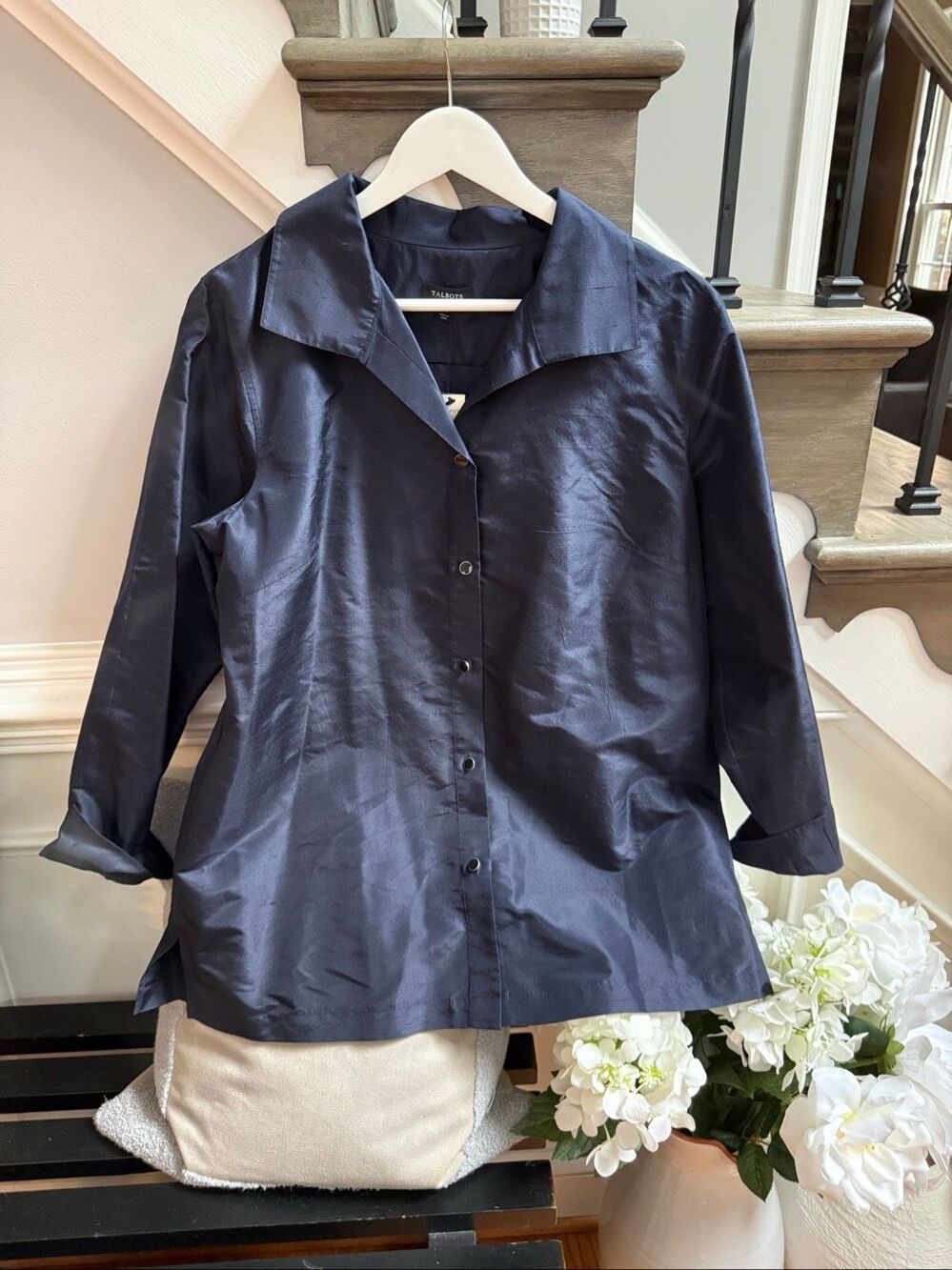 Talbots Deep Navy 100% Silk Button Up Tunic sz 14 NWT